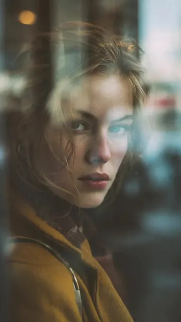 Reflection in glass window, layered composition, subject of a beautiful woman partially obscured. Fujifilm GFX100S, 80mm