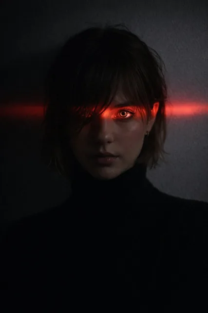 Ultra-realistic dramatic portrait of a man or woman (from uploaded image), messy hair over one eye, wearing a black turt