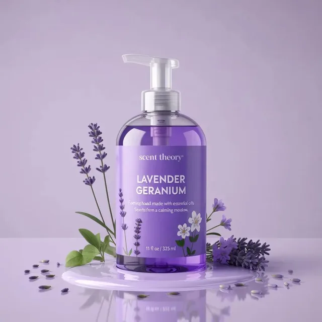 Use the uploaded image as the exact visual reference for product design, label, lavender placement, liquid color, milk p