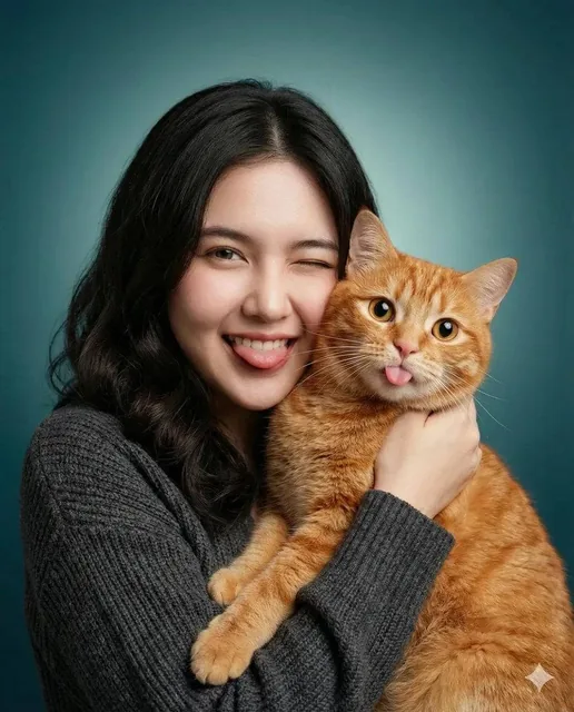 A heartwarming studio portrait of a young woman holding a cute orange tabby cat close to her face. Both are playfully st