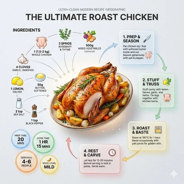 Ultra-clean modern recipe infographic. Showcase Roast chicken in a visually appealing finished form—sliced, plated, or p