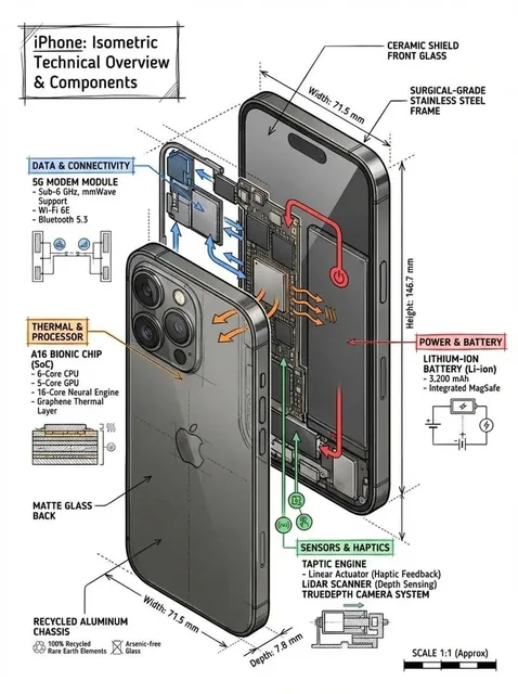 Create a technical infographic of [OBJECT] with a 45-degree isometric 3D perspective showing the device slightly tilted