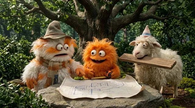 Create a funny 4-part story featuring 3 fluffy creatures building a treehouse. The story has emotional highs and lows an