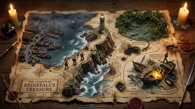 A hand-drawn treasure map on aged parchment, with the adventure erupting into three-dimensional quest. {STARTING_POINT}