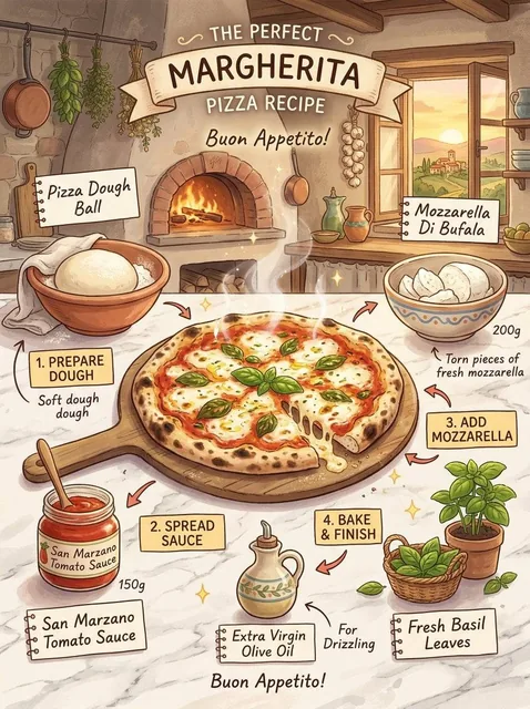 margherita pizza recipe infographic, Studio Ghibli inspired illustration, traditional Italian kitchen setting, warm gold
