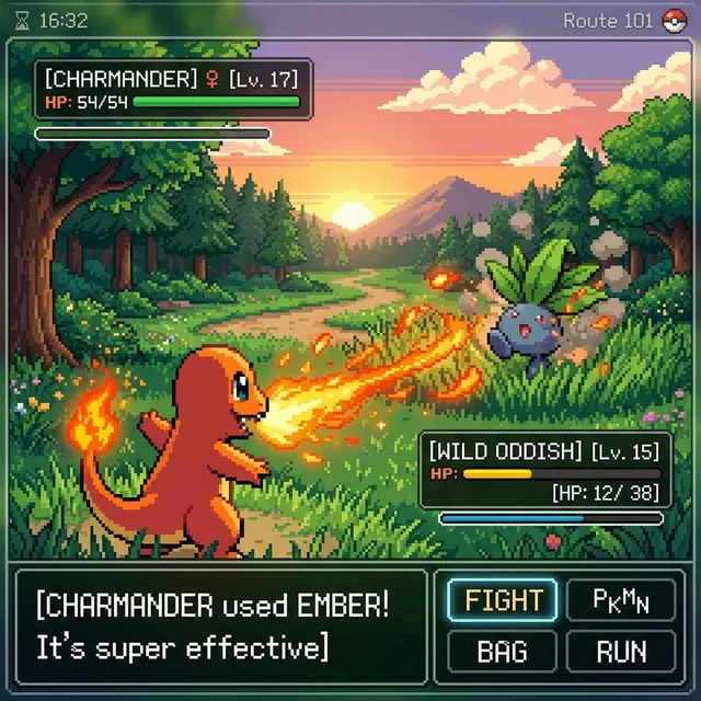 inspired by a classic pokemon gameboy screenshot but it's highly detailed beautiful pixel art, include cool effects from