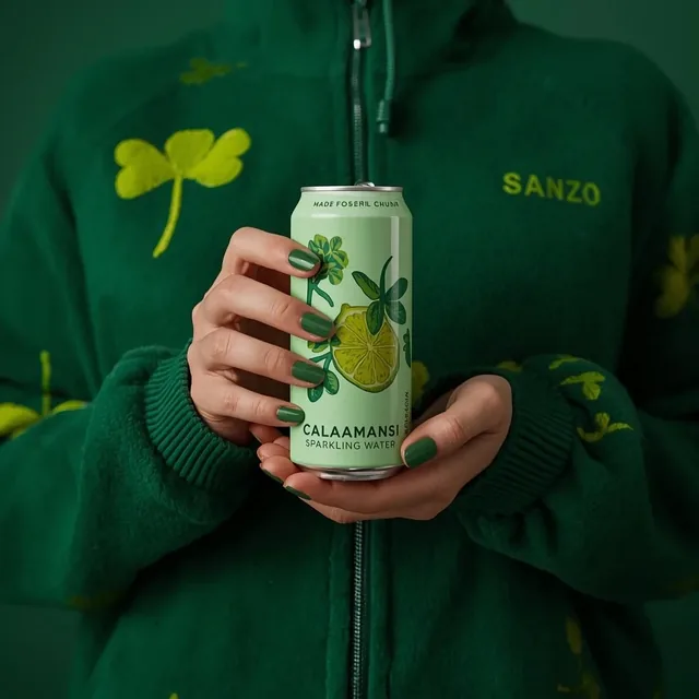 A photorealistic product shot of a person holding a slim, light green can of Sanzo Calamansi Sparkling Water. The person