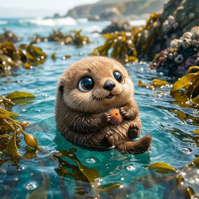 Make a photo of a cute ball-shaped version of a [animal], with big adorable over-sized eyes, it has no head, instead its
