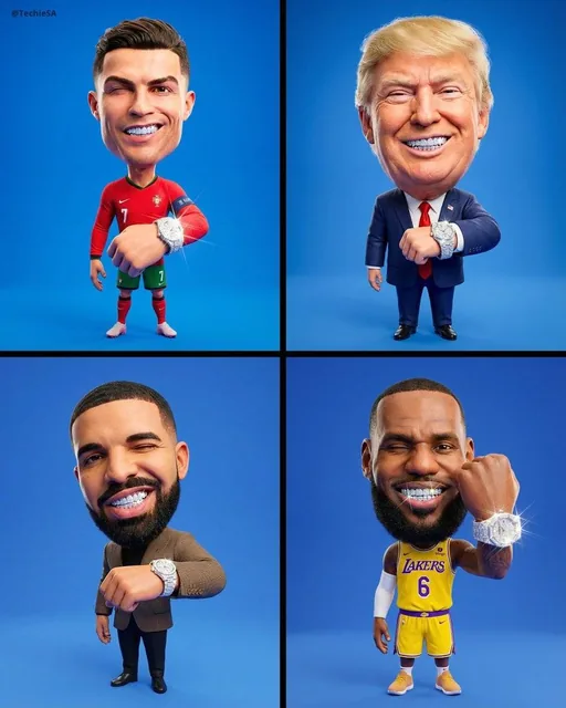A 3D hyper-realistic caricature of a person with an oversized head, tiny body, mischievous wink, and sparkling diamond grillz and iced-out watch, standing against a solid blue stud
