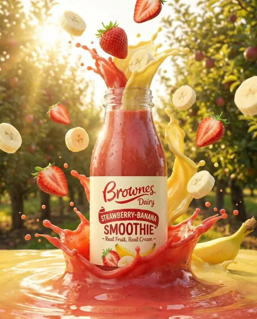 Ultra-realistic product ad of a premium fruit drink bottle, dynamic liquid splash frozen mid-air, fresh fruits (orange,