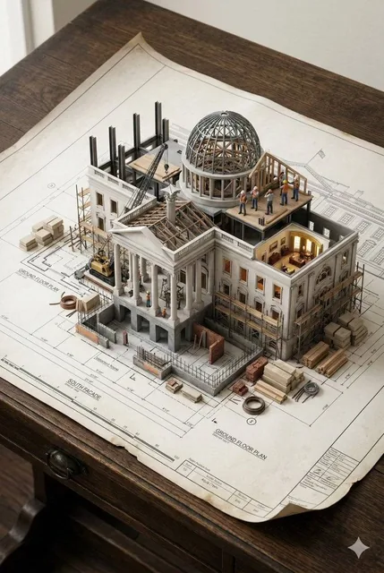 An architectural blueprint of [BUILDING_NAME] placed on a {SURFACE}, with a photorealistic miniature under-construction