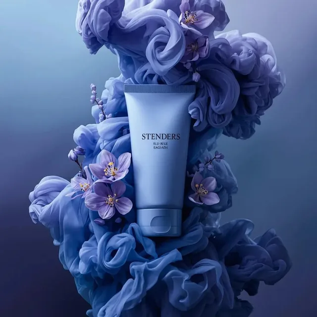 Ultra-realistic luxury cosmetic product photography in a dramatic monochromatic blue-violet composition. A sleek satin-f