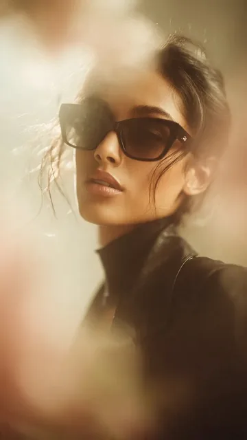 Ultra-realistic cinematic fashion portrait of a stylish woman wearing oversized black cat-eye sunglasses, soft warm gold
