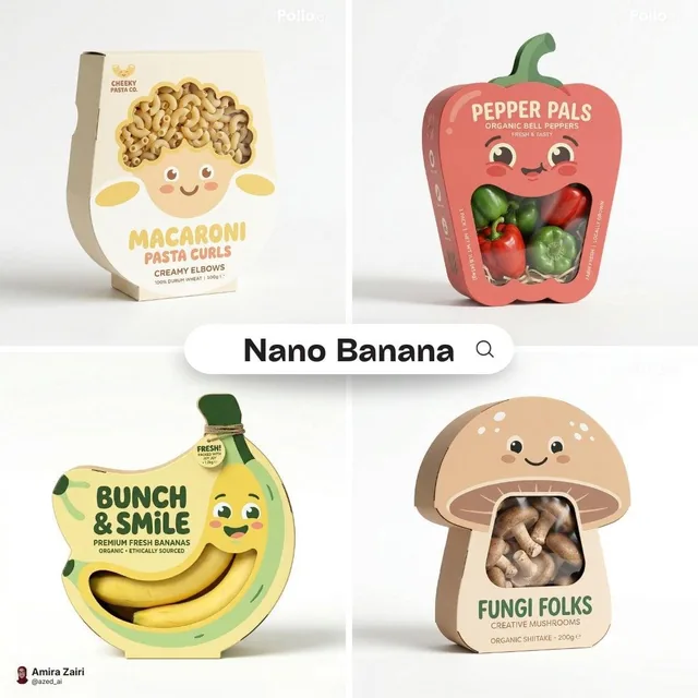 Playful designer packaging for [product name], creative box shaped like the product, integrated cartoon face on the fron