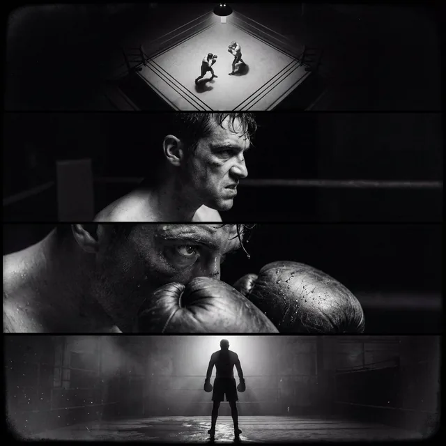 Create a single film noir–style cinematic image divided into four horizontal panels, all depicting the same boxer and th