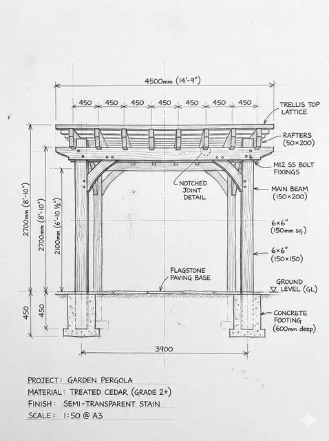 Architectural blueprint sketch of a wooden garden pergola with construction lines and dimensions, juxtaposed with a photorealistic image of the finished pergola in a garden setting