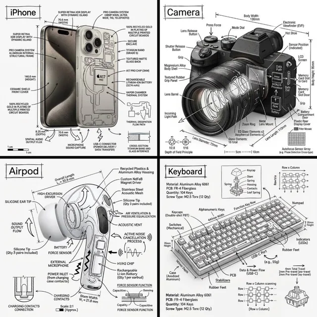 Create an infographic image of [OBJECT], combining a realistic photograph or photoreal render of the object with technic