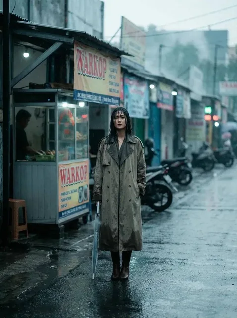 Full body fashion editorial of a beautiful Indonesian woman, wet pavement outside warkop, soft rain blur background.