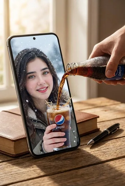 A hyper-realistic surreal composite scene set on a wooden tabletop. A large oversized smartphone dominates the frame, cr