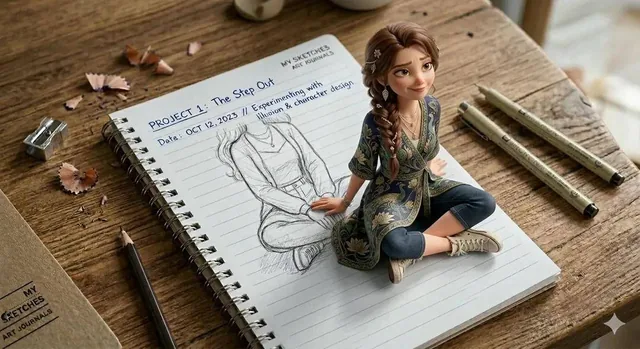 A creative 3D illusion artwork of a cute young girl stepping out of a spiral notebook page placed on a wooden desk. The