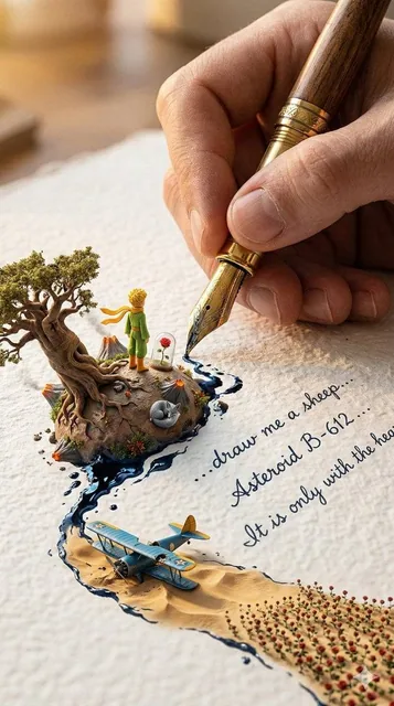 A colossal hand gripping an enormous vintage fountain pen, captured in vertical portrait format (9:16), writing on endle