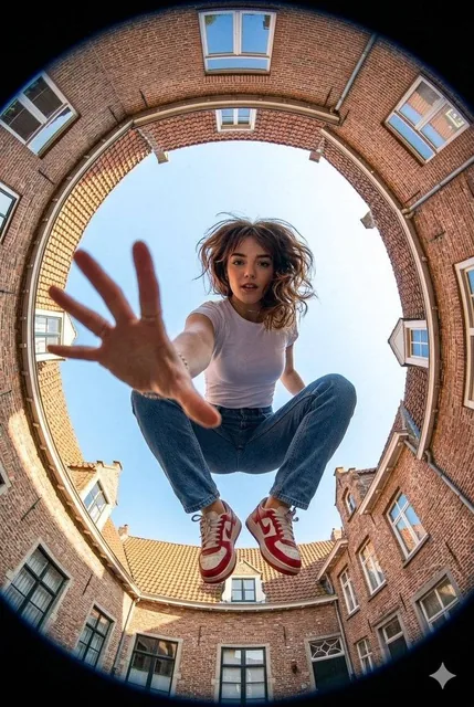 Make an Ultra-wide fisheye lens perspective shot from ground level looking straight up at a young woman use image for fa