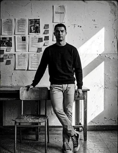 Create a high-contrast black and white portrait in a quiet classroom.Use uploaded image as reference. Person leans casua