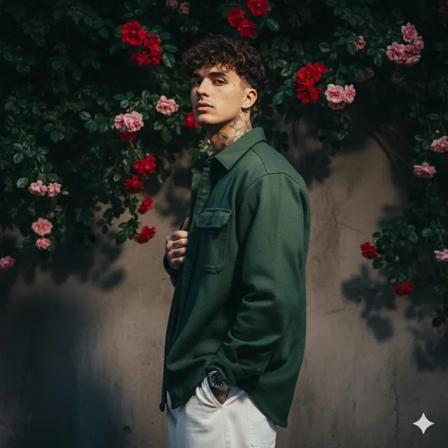 Create a realistic dark green portrait cinematic image with dramatic bold attitude and confidence actions of a young man