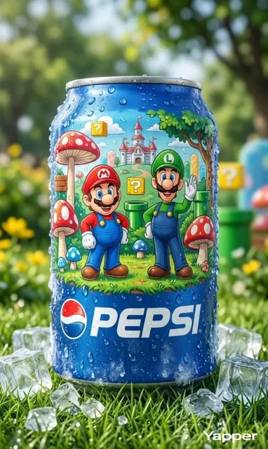 Ultra-realistic product photography of a chilled blue Pepsi can placed upright on fresh green grass, covered with cold w