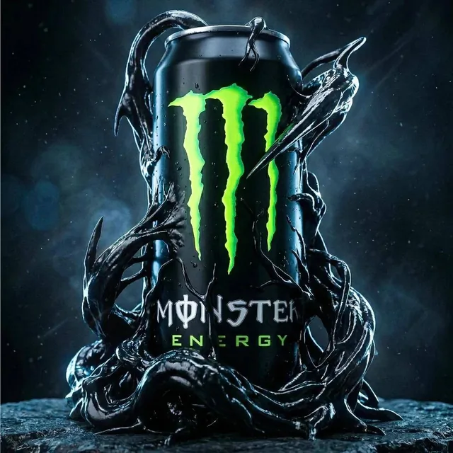 Cinematic ultra-high-end product photography of an official Monster Energy drink can a standard vertical black aluminum