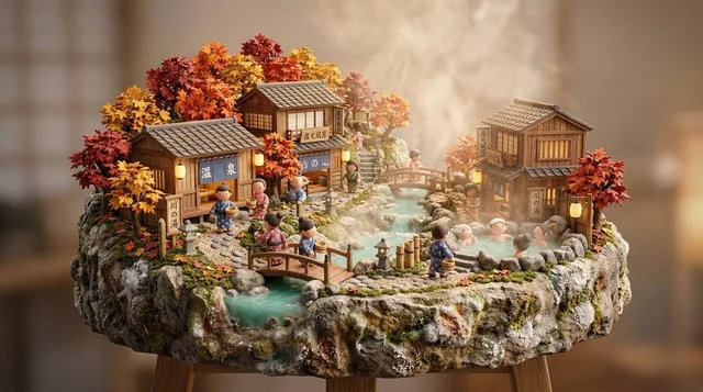 3D miniature scene, a [JAPANESE ONSEN VILLAGE] with [wooden bathhouses, steam rising from natural hot springs, stone lan