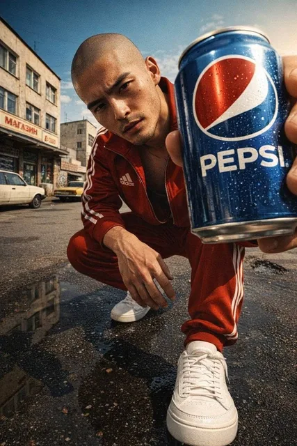 Ultra-realistic, glossy magazine-style portrait of a young male model, bald, with a stem, rugged expression and defined