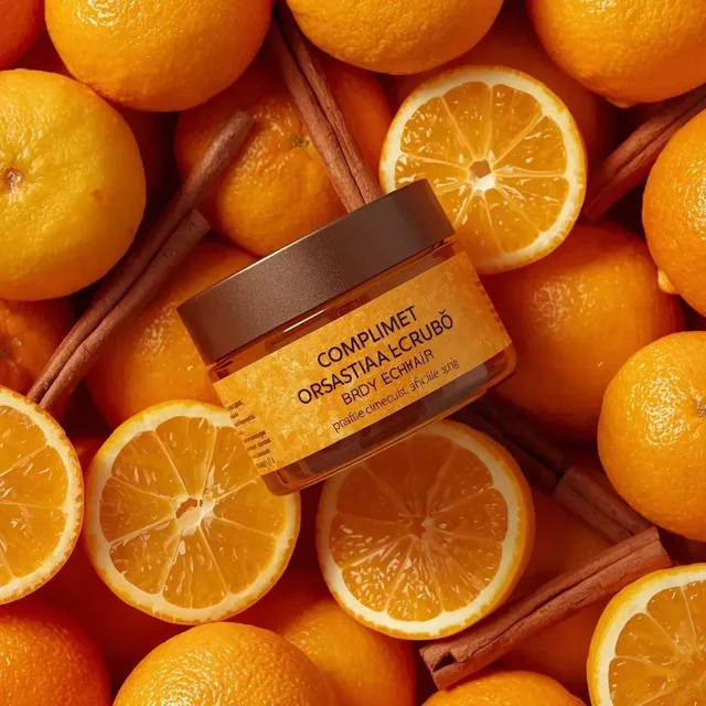 Use the uploaded image as the exact visual reference for composition, jar design, orange slices, whole oranges, cinnamon