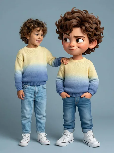 Ultra-high-quality hyper-realistic photo featuring a real human and a giant 3D Pixar-style version of THE SAME person —