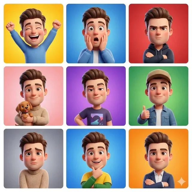 3D cartoon avatar character showing different emotions arranged in a 3x3 grid, same male character with brown hair, Pixa