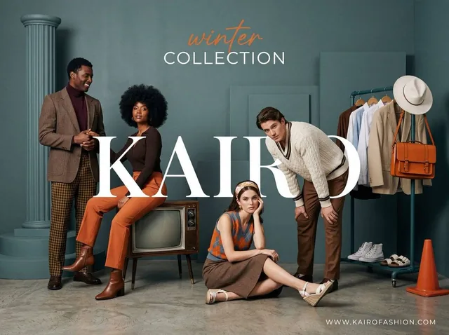 A wide-angle, studio fashion advertisement with a sophisticated retro-modern aesthetic. The scene is set against a monoc