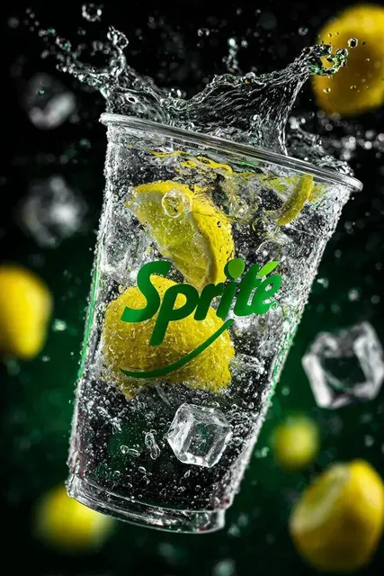 A transparent cup filled with fresh Sprite lemon soda floating in the air, surrounded by sparkling lemon-lime soda splas