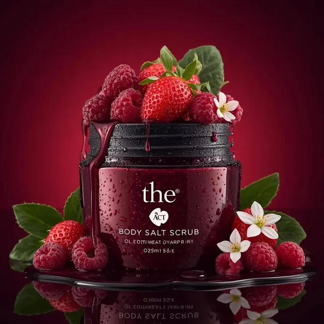 Ultra-realistic luxury cosmetic product photography of a deep red glass jar labeled “the ACT Body Salt Scrub”, placed on