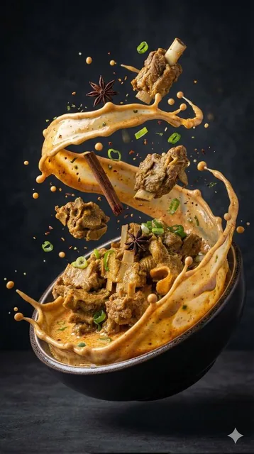 Ultra-realistic cinematic food photography of a bowl of rich spicy meat soup exploding upward in a dynamic splash, tende