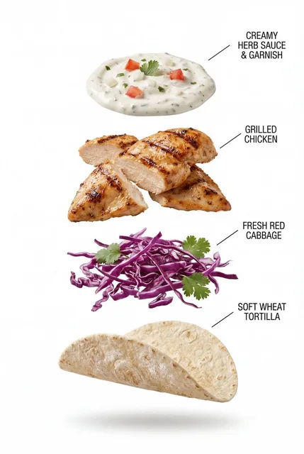A high-quality, professional product photograph of a grilled chicken taco filled with juicy grilled chicken pieces with