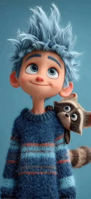 Cute stylized 3D animated boy with messy fluffy blue hair and big expressive eyes, soft freckles on face, wearing a fuzz