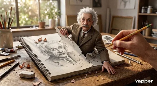 Hyper-realistic 3D illustration of Albert Einstein emerging from the pages of a sketchbook drawing, blending a graphite