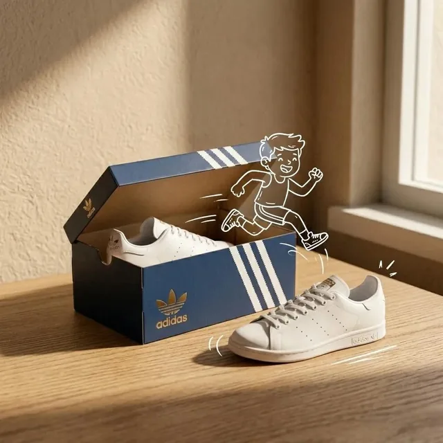 Adidas sneakers in the box, minimalist product photography, clean warm studio scene, textured beige wall in the backgrou
