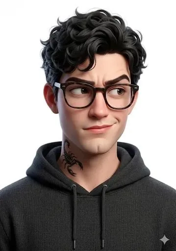 3D stylized character portrait of a young man, curly dark hair, wearing black round glasses and a dark hoodie, subtle sm