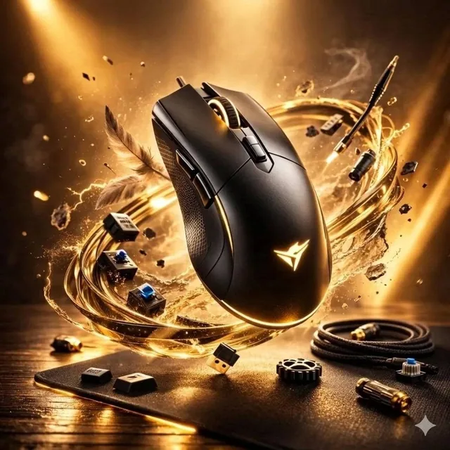 Ultra-realistic gaming mouse floating above a desk, surrounded by glowing golden energy rings and flying electronic comp