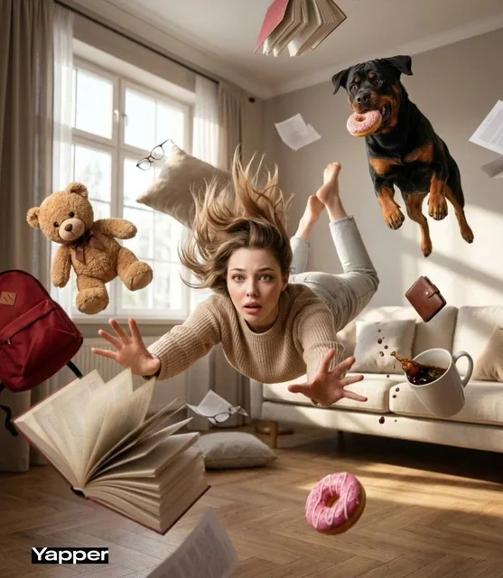 Cinematic surreal scene of a young woman falling forward through a swirling vortex of everyday objects inside a cozy roo
