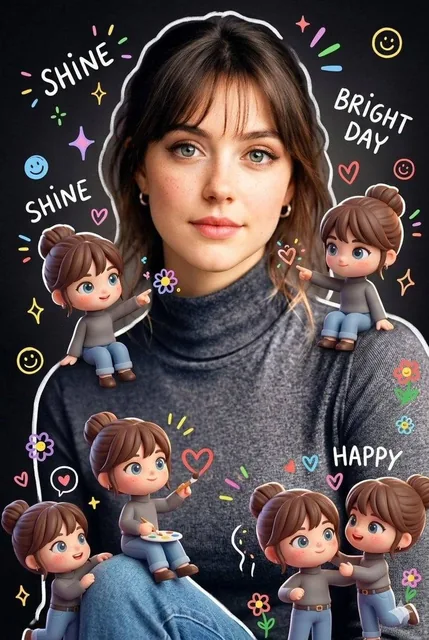 Surrounding the realistic main subject are multiple cute, 3D-style chibi miniatures of the same person, with identical f