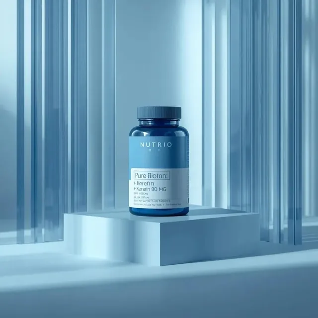 Ultra-realistic minimalist product photography featuring a cylindrical supplement container labeled “NUTRIO Pure Biotin