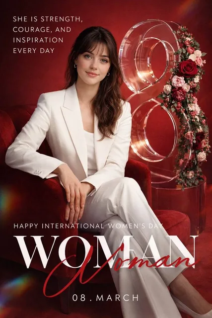Create a high-end promotional poster for International Women's Day, designed as a luxury editorial campaign seamlessly b