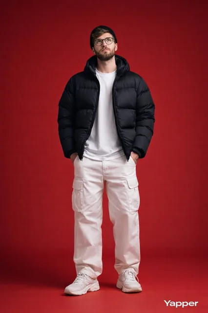 Ultra-realistic full-body studio fashion portrait of a stylish young man standing confidently, looking slightly upward.